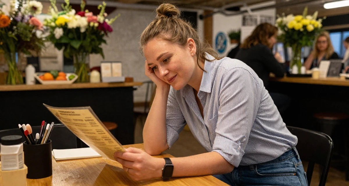 A warmhearted Female From Estonia, based in Tartu, graduated from a state university majoring in digital culture in their 27, recovering from hustle culture fatigue, wearing a classic striped shirt and jeans, looking at a menu in a basement studio.
