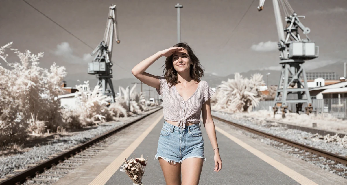 A smiling gently Female Grew up in Spain, studied international business in their 25, considering expanding into TikTok or Reddit promo, wearing a retro 90s casual vibe, shading eyes with a hand in a train platform.