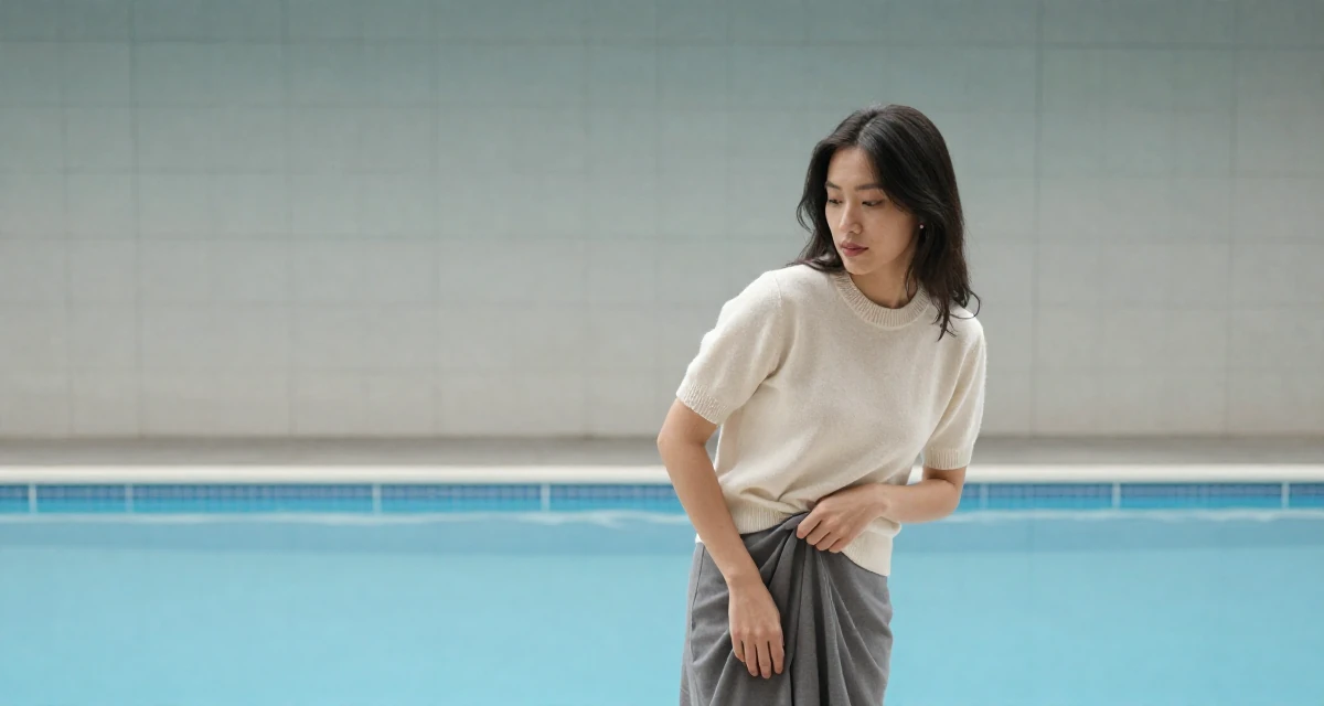 A calm and confident Female From Penang Malaysia, studied UI/UX design in their 20, capturing every moment for the aesthetic, wearing a short sleeve cashmere sweater and a skirt, smoothing down a dress in a swimming pool.