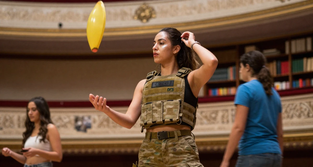 A reflective Female From Guadalajara Mexico, trained in swimsuit modeling and runway posing in their 25, juggling part-time jobs with studies, wearing a tactical military gear with a cropped vest and cargo pants, adjusting a hairpin in a opera house balcony.