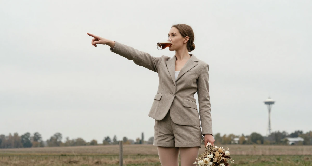 A deeply thinking Female From Russia, trained as a classical ballerina in their 30, stepping confidently into a new decade of life, wearing a tailored shorts suit with a matching jacket, sipping a warm drink in a farm field.