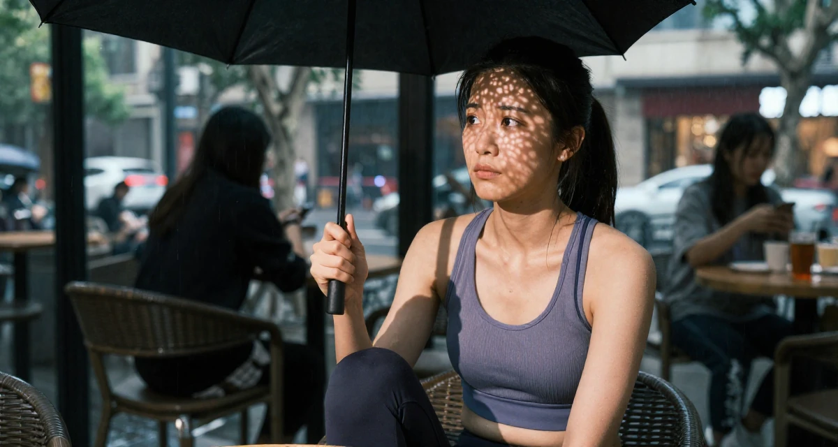 A suspicious Female From Shanghai China, majored in journalism in their 25, developing discipline through daily habits, wearing a sporty athleisure look, shaking rain off an umbrella in a cozy café.