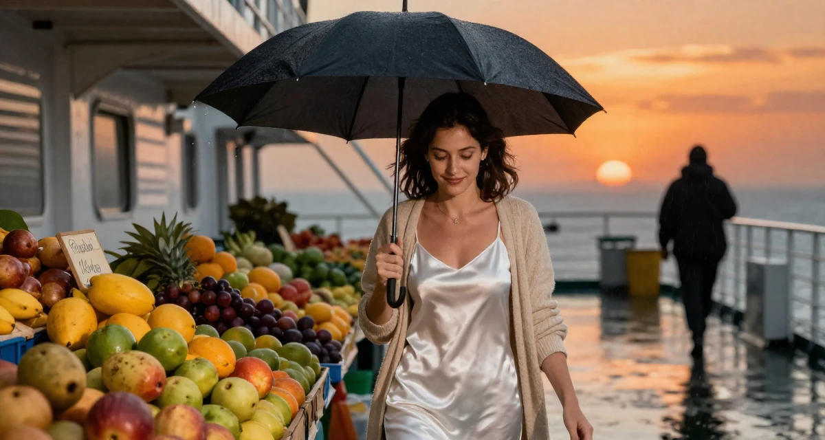 A softly smiling Female From Argentina, studied digital illustration at a local art institute in their 23, handling occasional negative comments professionally, wearing a white silk camisole and a beige cardigan, shaking rain off an umbrella in a ferry deck.