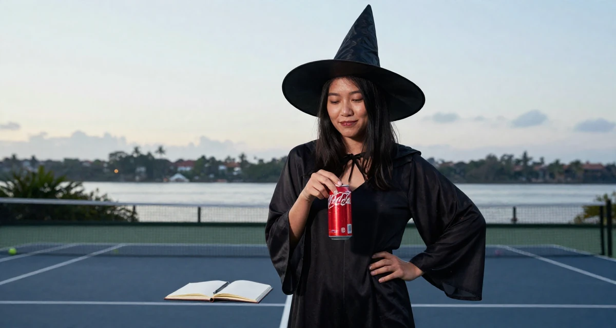 A amused Female From Indonesia, based in Bali, graduated from an arts institute majoring in expressive digital portraits in their 23, realizing content creation requires real discipline, wearing a classic witch costume with a wide-brimmed hat, opening a soda can in a tennis court.