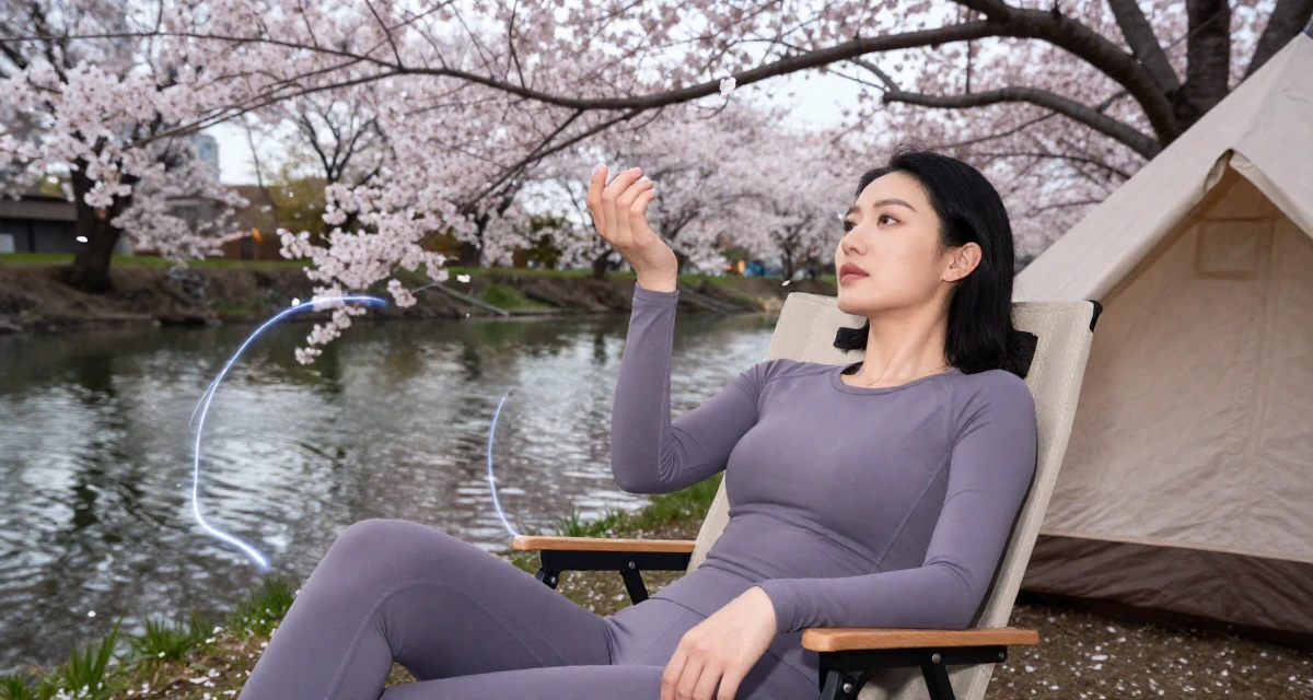 A thoughtful Female From Chicago USA, holds a degree in communications in their 25, setting long-term goals for subscriptions and renewals, wearing a fitted athletic wear, catching a falling flower petal in a camping site.