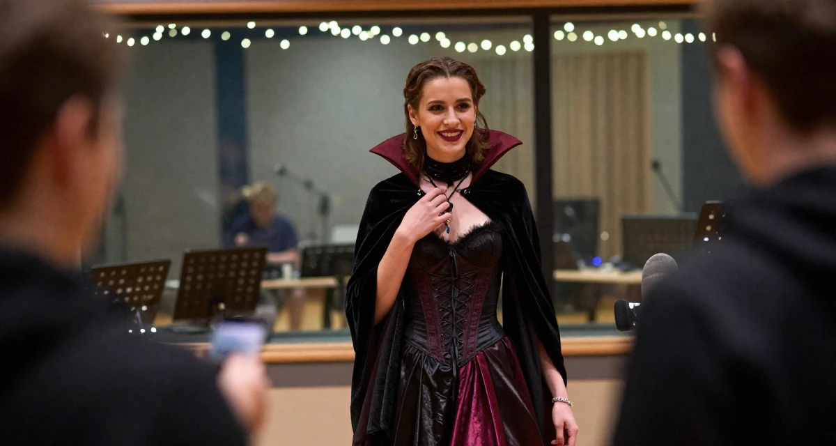 A upbeat Female From Norway, based in Stavanger, graduated from a cultural college majoring in mood-centered photography in their 22, becoming more aware of personal boundaries with fans, wearing a vampire queen gown with a high collar and corset, touching a necklace in a music recording studio.