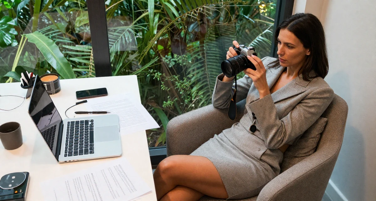 A cold and distant Female From Zurich Switzerland, holds a degree in accounting and finance in their 43, creating a supportive space for menopause, wearing a cropped tailored jacket and matching mini skirt, holding a camera ready to shoot in a messy desk.