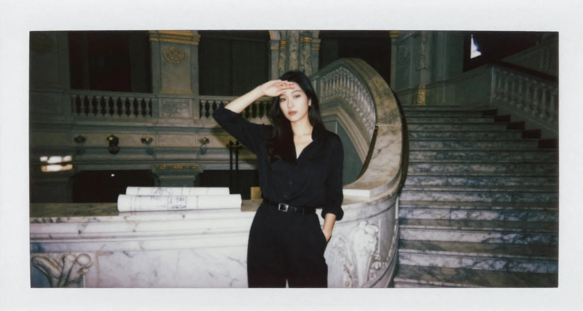 A seductive Female From Taiwan, based in Taichung, graduated from an arts academy majoring in visual storytelling in their 33, documenting a cross-country road trip, wearing a monochromatic black outfit, shading eyes with a hand in a opera house balcony.