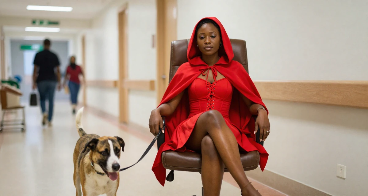 A calm and confident Female From Ivory Coast, studied music production in their 22, using body language to convey mood more than exposure, wearing a red riding hood inspired cape and corset dress, walking a dog (leash visible) in a hospital corridor.