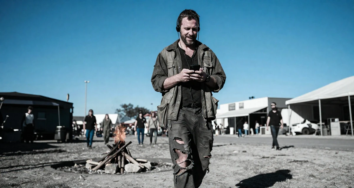 A radiant male Former call-center worker, now crafting confidence-centric creator content in their 35, commanding respect without raising a voice, wearing a zombie apocalypse survivor gear with torn clothes, reading a text message in a campfire circle.