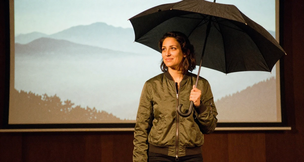 A smiling gently Female From Montreal Canada, studied erotic art history and creative expression in their 22, facing uncertainty about future stability, wearing a classic bomber jacket style, holding an umbrella in a photo studio.
