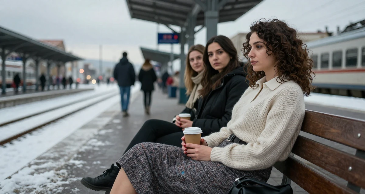 A lazy Female From Armenia, studied sociology in their 25, focusing on deep meaningful friendships, wearing a knitted polo shirt tucked into a midi skirt, holding a cup of coffee in a snowy sidewalk.