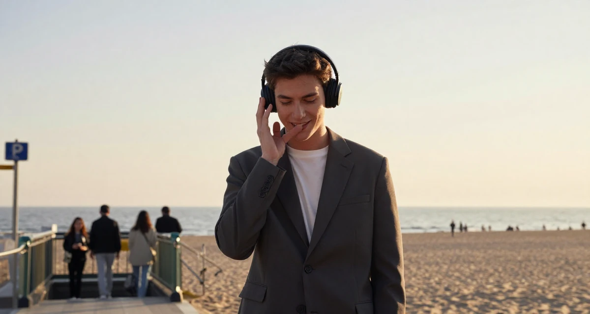 A quietly happy male Once a junior photographer, now the subject of her own shoots in their 24, hiding stress behind carefully curated posts, wearing a sleek modern tailored look, adjusting headphones in a sunset beach.