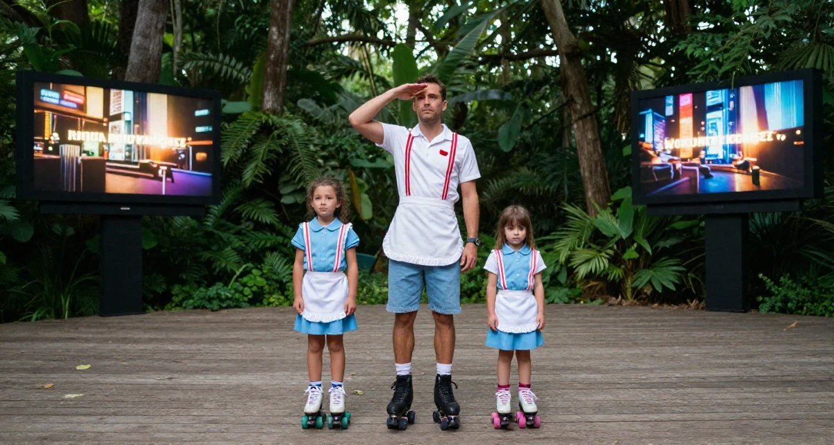 A introspective male Former Uber driver, now building slow-burn lifestyle storytelling in their 33, balancing two kids and a growing business, wearing a retro 50s diner waitress uniform with roller skates, shading eyes with a hand in a magical forest clearing.