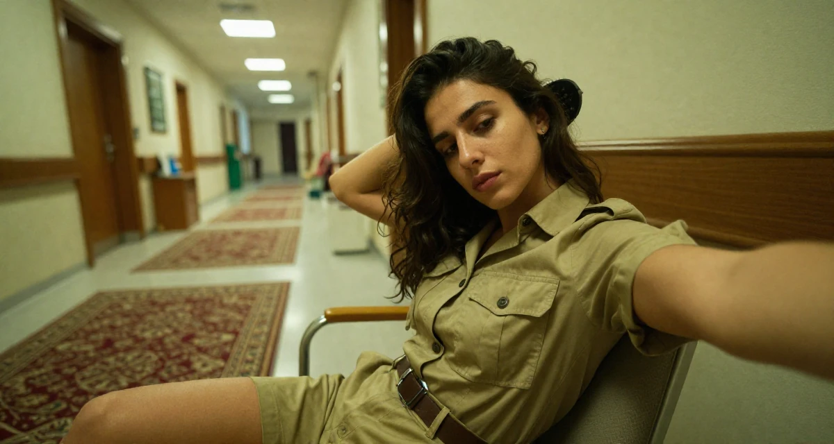 A melancholic yet beautiful Female From Turkey, majored in mechatronics in their 23, exploring flirtatious selfies that feel natural, wearing a safari explorer outfit with khaki shorts, brushing hair back in a hospital corridor.