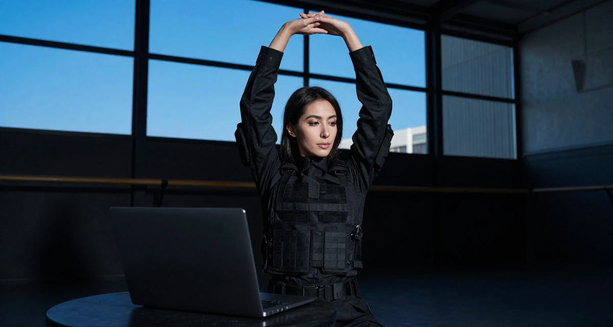 A calmly observant Female Former pharmacist in training, now teaching wellness routines online in their 22, learning workplace expectations and boundaries, wearing a special forces tactical suit in matte black, typing on a laptop in a ballet studio.