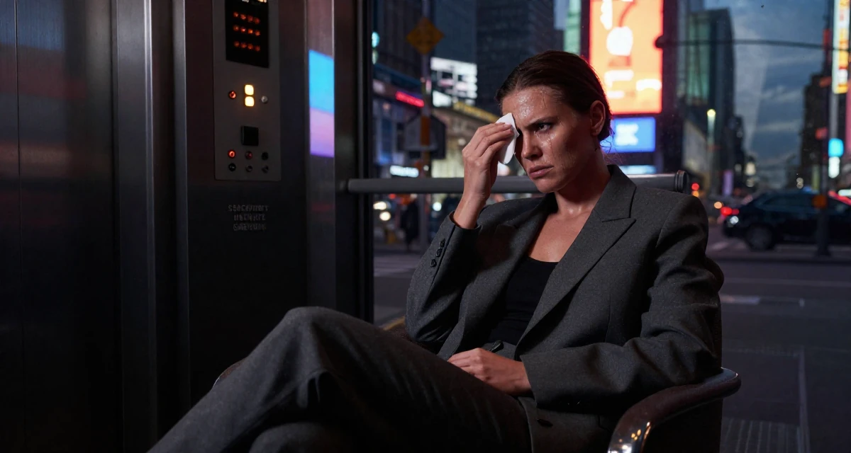 A ferocious Female From Finland, based in Espoo, graduated from a design institute majoring in atmospheric lighting arts in their 43, balancing a demanding career with self-care, wearing a smart casual blazer ensemble, wiping sweat from the brow in a urban street.