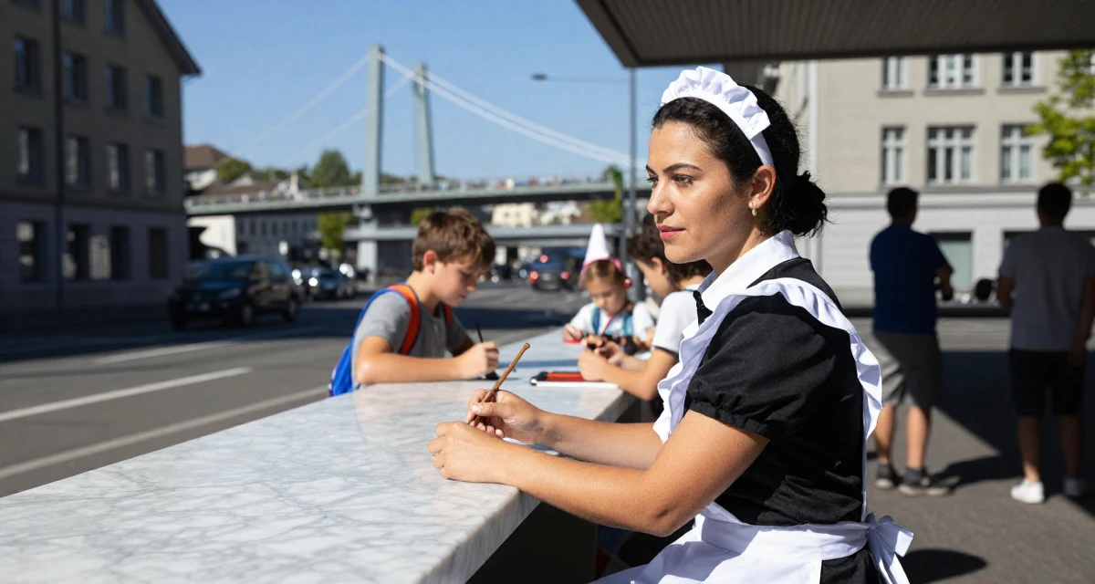 A zen-like Female From Zurich Switzerland, learned luxury lifestyle imaging in their 45, helping kids through school, wearing a maid outfit with a white apron and ruffled headband, humming a tune visually in a urban street.