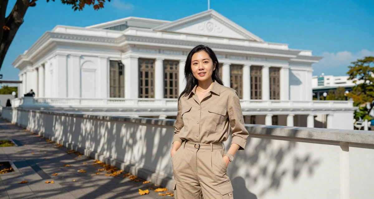 A open and honest Female From Singapore, studied business analytics in their 23, building first professional networks, wearing a modern utilitarian outfit, putting hands in pockets in a opera house balcony.