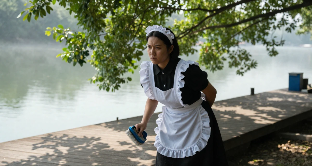 A indifferent Female Previously a construction worker, now documenting strength-expressive lifestyle in their 37, embracing the chaos of family life with humor, wearing a maid outfit with a white apron and ruffled headband, brushing off dust in a lakeside dock.