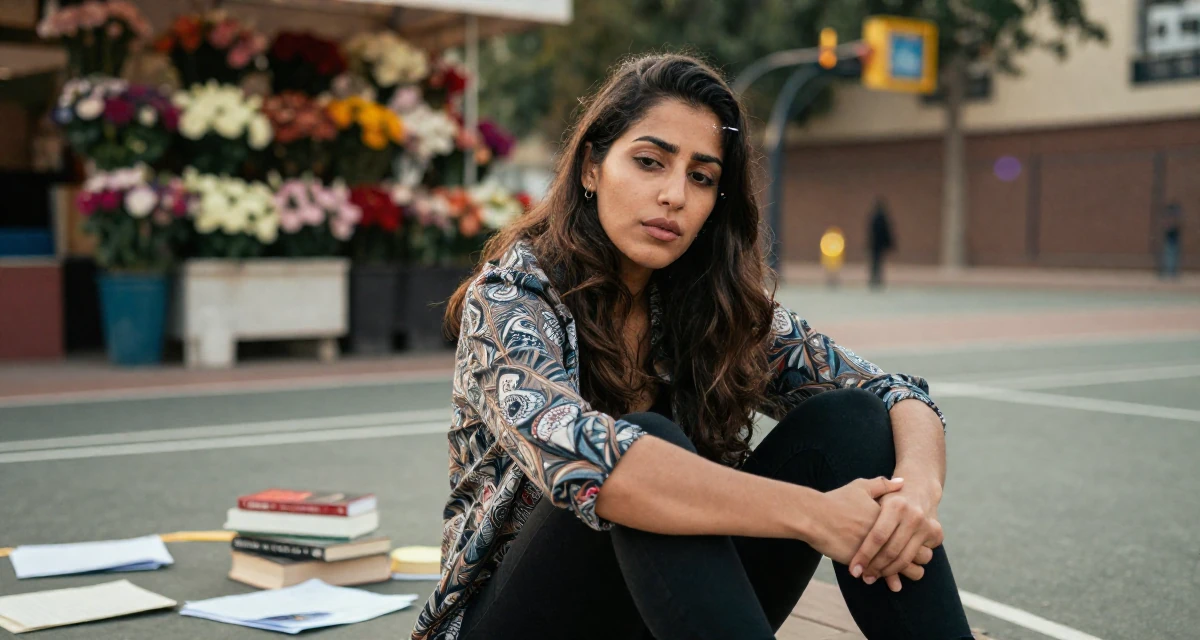 A dazed Female From Arabic-speaking world, majored in health administration in their 32, seeking intellectual challenges over busy work, wearing a relaxed fit patterned shirt, cracking knuckles in a basketball court.