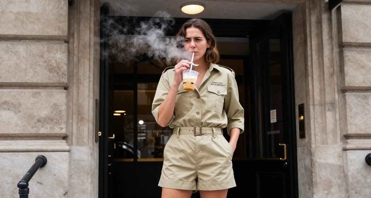 A sincere Female From USA, studied screenwriting in Los Angeles in their 22, feeling the sting of zero new subs after hours of effort, wearing a safari explorer outfit with khaki shorts, holding a snack in a cinema entrance.