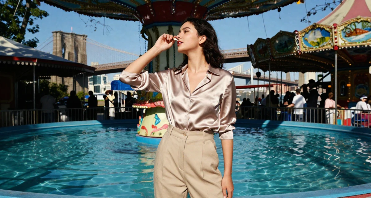 A nostalgic Female Once a junior bar worker, now a nightlife-themed creator in their 22, feeling like a small fish in a big corporate pond, wearing a high-waisted beige trousers and a tucked-in satin blouse, taking a deep breath in a carnival with rides.