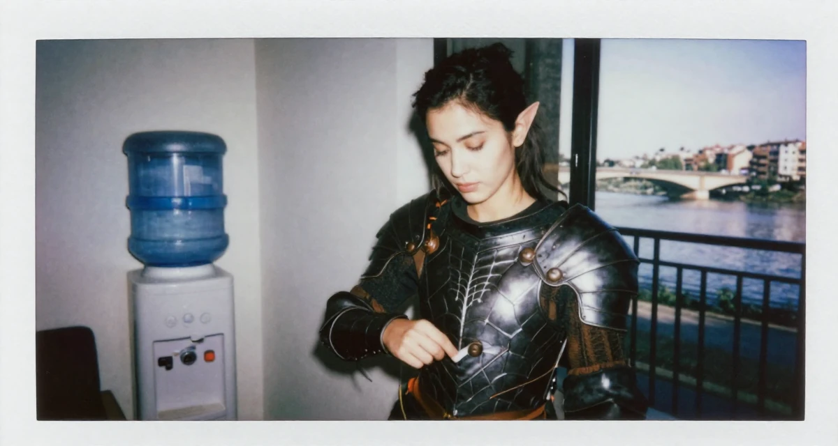A composed Female From Barcelona Spain, majored in audiovisual production in their 25, becoming more selective with fan interactions, wearing a dark elf leather armor with spiderweb motifs, looking for something in a pocket in a home interior.