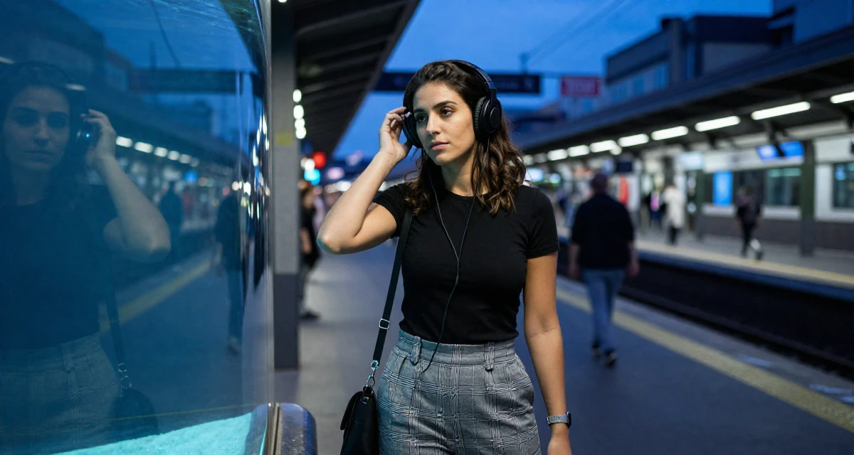 A quietly confident Female From Spain, majored in public relations and advertising in their 24, curating a specific high-end lifestyle, wearing a grey plaid trousers and a fitted black tee, listening to music with headphones in a aquarium tunnel.