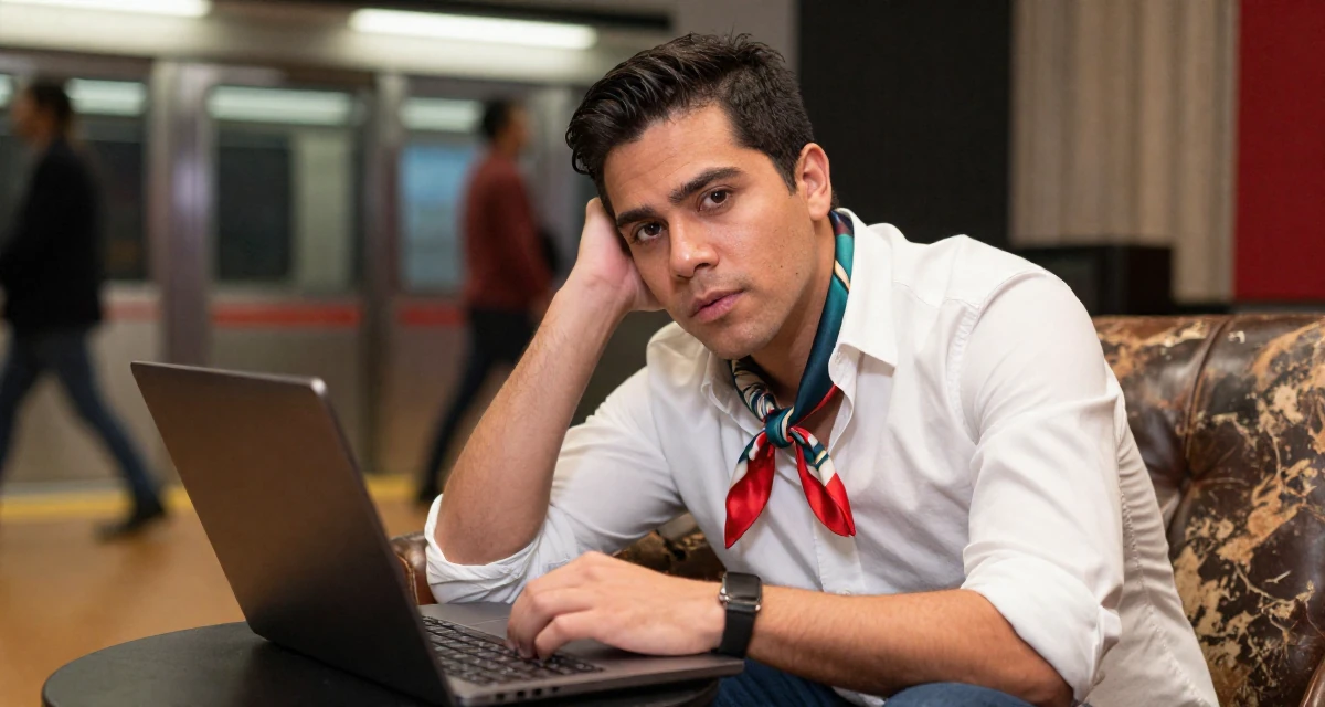 A ambitious male From Mexico, studied public relations in their 25, managing early financial independence, wearing a silk scarf tied around the neck of a white shirt, holding a laptop in a music studio.