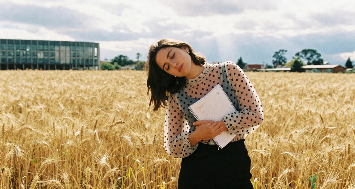 A sleepy Female From Uruguay, studied anthropology in their 25, struggling to maintain motivation in early studies, wearing a sheer polka dot blouse and black trousers, holding a notebook in a golden wheat field.