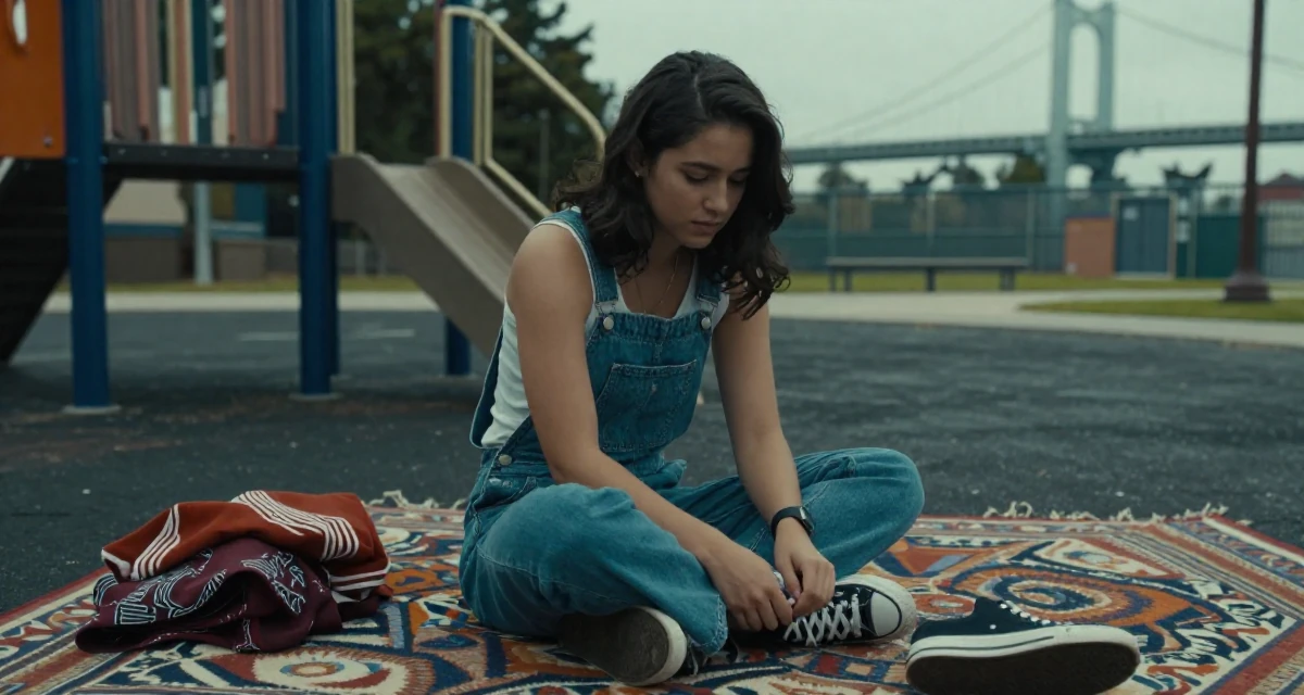 A cool and collected Female From USA, studied screenwriting in Los Angeles in their 22, realizing their parents were right about sleep, wearing a relaxed dungarees or overalls, looking down at shoes in a school playground.