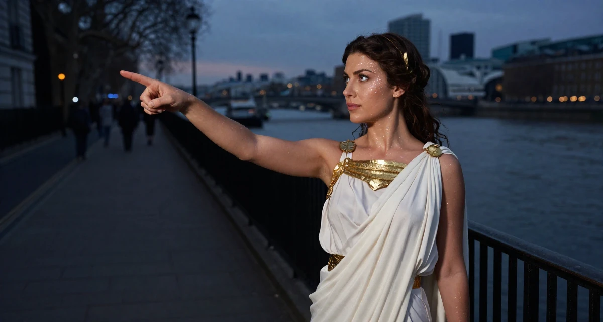 A arrogant Female Grew up in Australia, majored in digital communication in their 24, mastering the art of work-life separation, wearing a greek goddess toga with gold leaf accessories, pointing at something nearby in a urban street.