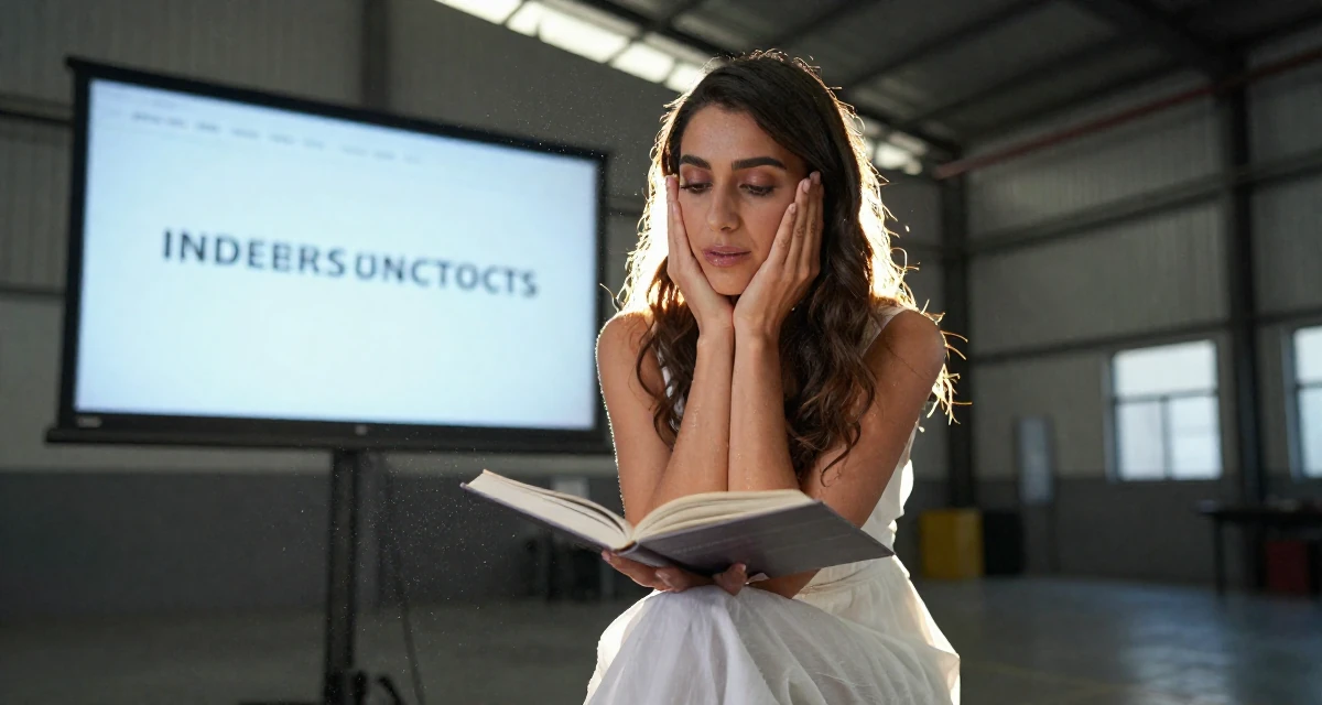 A contemplative Female Grew up in Saudi Arabia, studied visual merchandising in their 41, focusing on financial independence and investing, wearing a semi-sheer white sundress backlit by the sun, opening a book in a industrial warehouse.