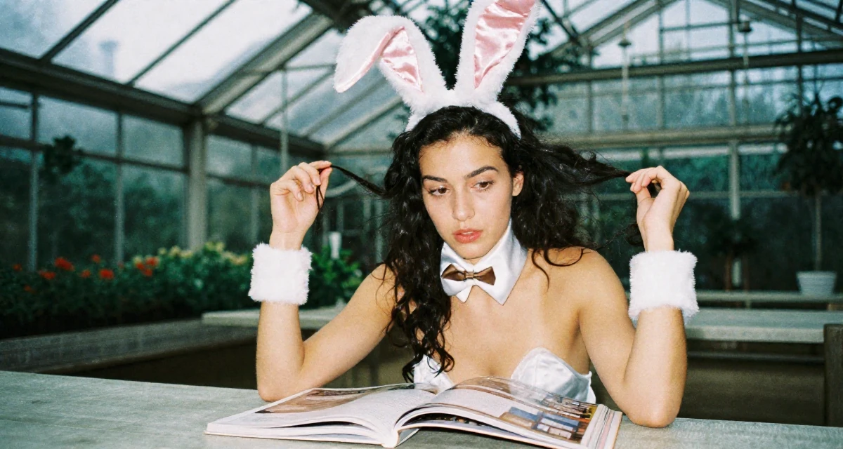 A engrossed Female Former university dropout at 22, now thriving as a digital expression artist in their 24, understanding long-term consequences of choices, wearing a playful bunny girl costume with satin ears and cuffs, flipping through a magazine in a greenhouse interior.