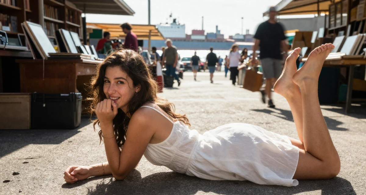 A hopeful Female From United States, majored in cybersecurity in their 23, refining their taste in art and music, wearing a semi-sheer white sundress backlit by the sun, biting the lower lip softly in a vintage bookstore.