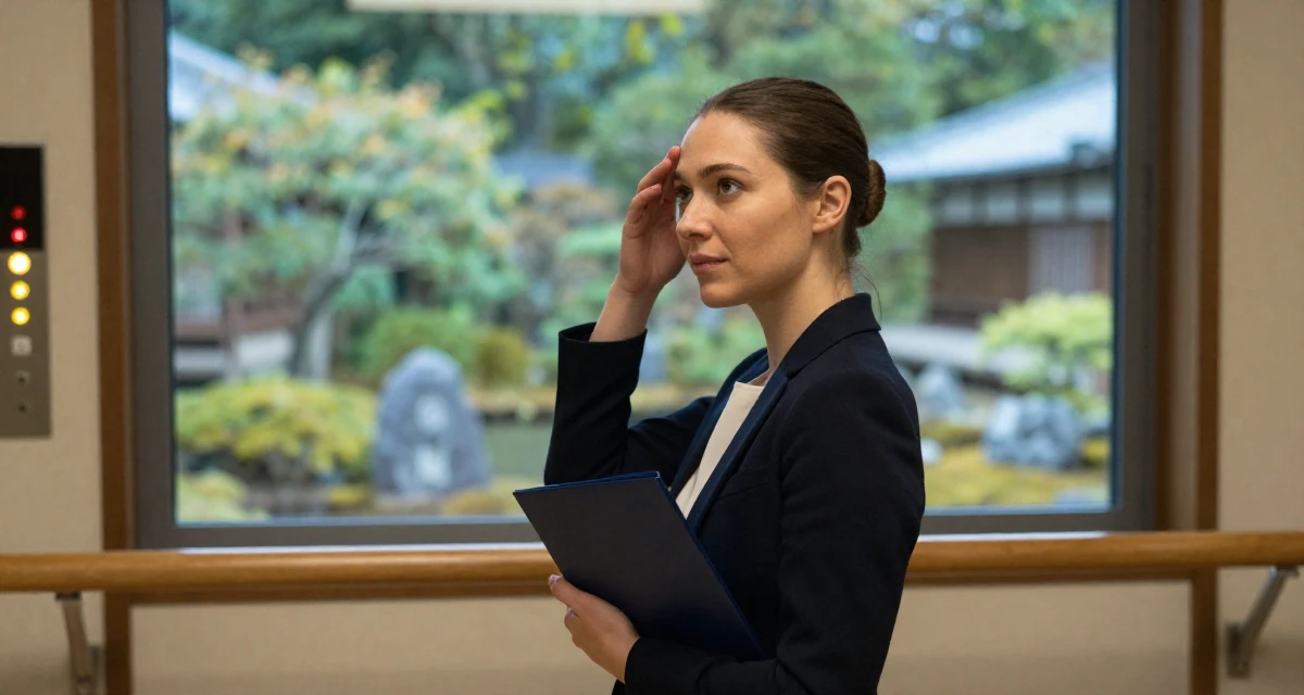 A dreamy Female From Berlin Germany, holds a degree in media engineering in their 45, sharing the beauty of a quiet rural life, wearing a sharp business casual attire, resting a hand on the forehead in a ballet studio.