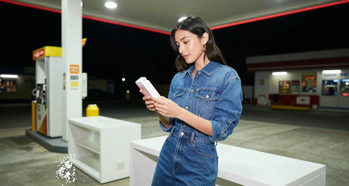 A sincere Female Former bakery assistant, now crafting sweet, soft-aesthetic creator vibes in their 22, building early digital portfolios, wearing a fashionable denim on denim, examining a product in a gas station at night.