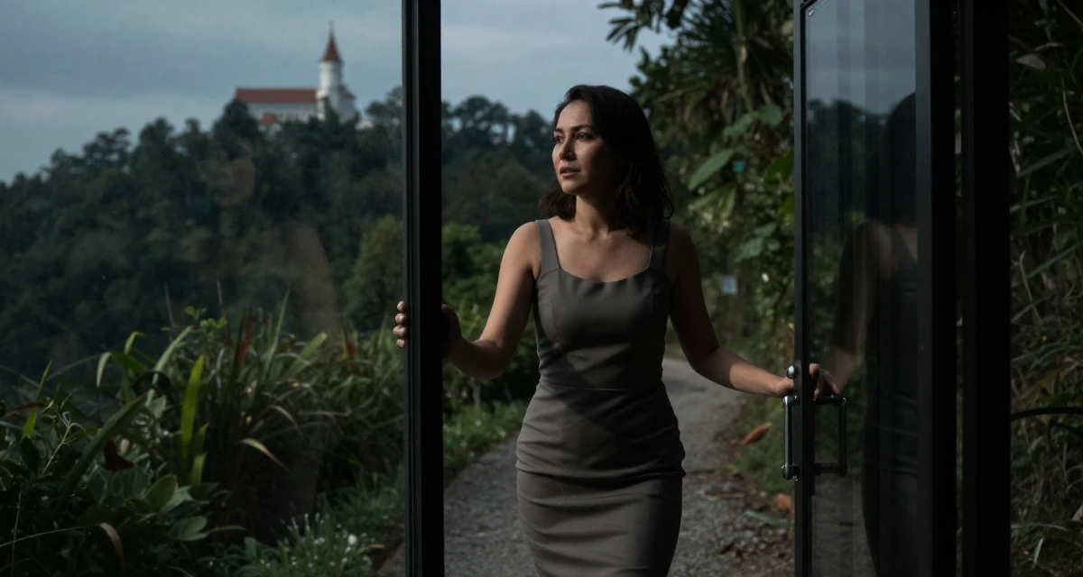 A alert and attentive Female From Singapore, based in Tampines, graduated from a polytechnic majoring in business analytics in their 30, accepting that ambition doesn’t erase exhaustion, wearing a sophisticated midi dress, pushing a door open in a mountain trail.