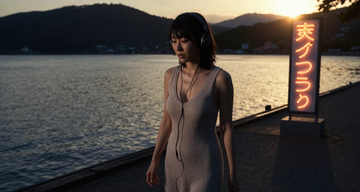 A sincere Female From Japan, majored in animation in their 25, saving up for the first major independent purchase, wearing a soft knit dress with a plunging neckline, listening to music with headphones in a lakeside dock.