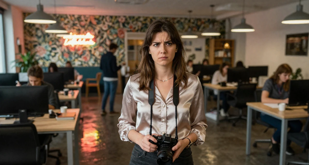 A tense Female From Luxembourg, studied European business law in their 22, adapting to the shift from school to full-time work, wearing a satin blouse with pearl buttons, holding a camera in a busy coworking space.