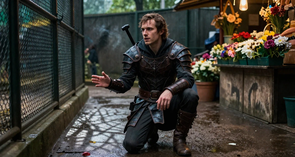 A patient male From United States, studied civil service management in their 22, dealing with burnout from too many posting expectations, wearing a dark elf leather armor with spiderweb motifs, gesturing while talking in a zoo enclosure path.