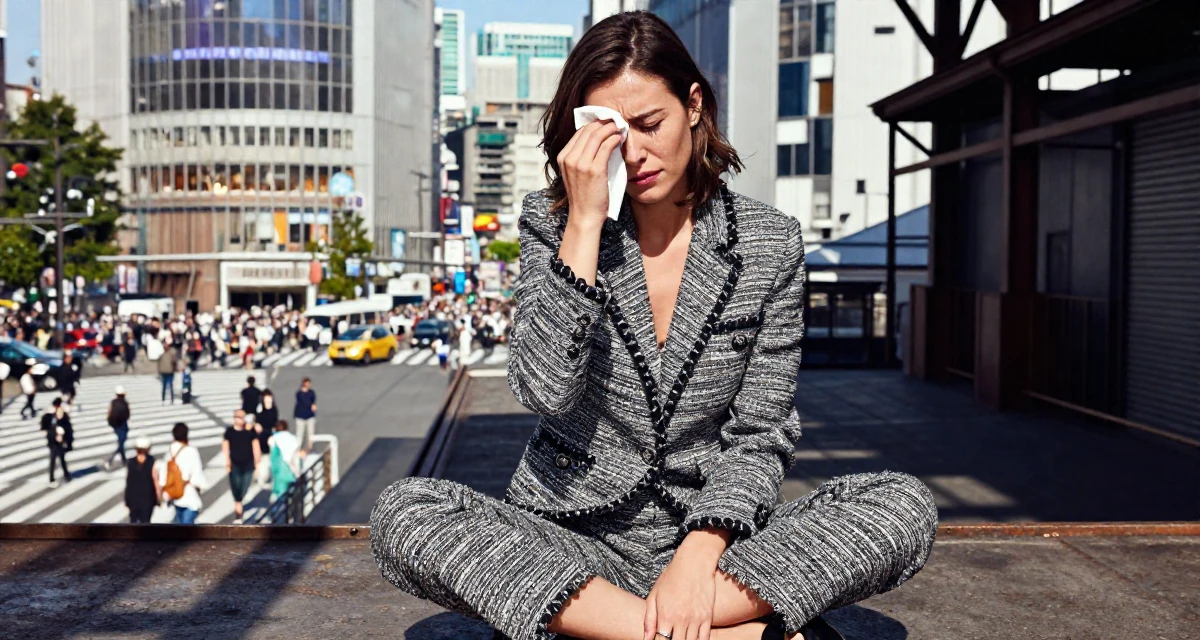 A stressed Female Raised in Germany, studied visual communication design in their 45, embracing the freedom of a child-free life, wearing a classic chanel style tweed suit, wiping sweat from the brow in a industrial warehouse.