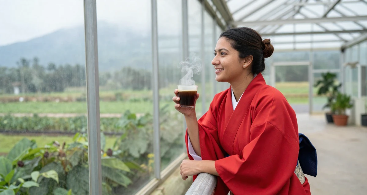 A cheerful Female From Cuba, majored in agricultural economics in their 24, understanding personal limits and staying safe, wearing a traditional Japanese miko priestess robe in red and white, looking out the window in a greenhouse interior.
