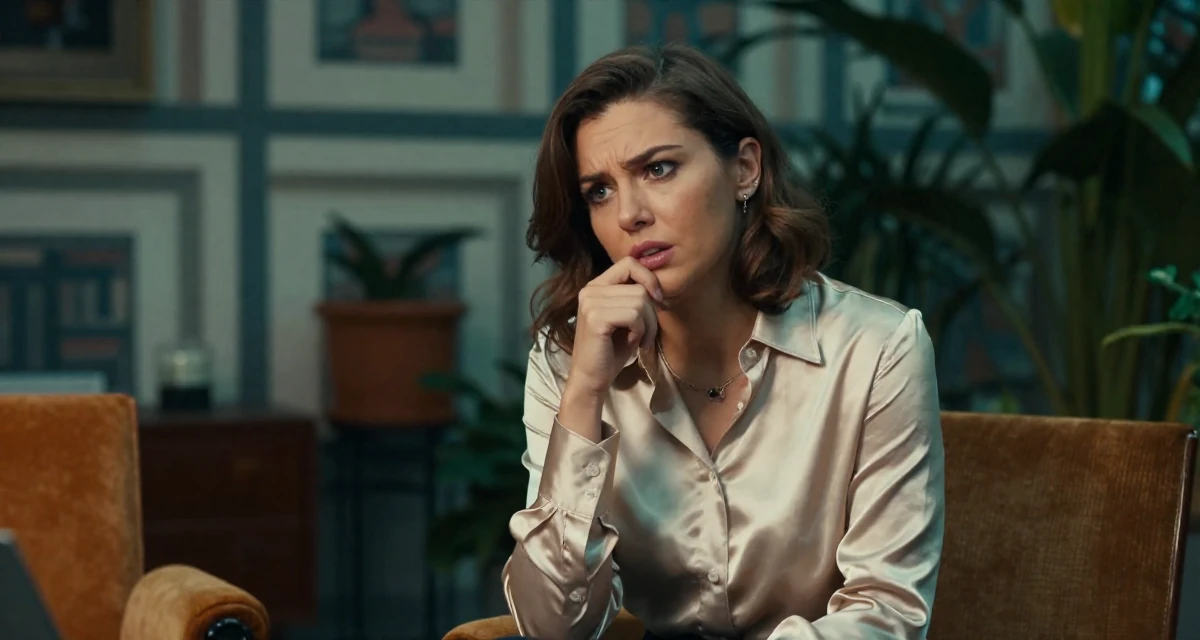 A tense Female Born in Russia, graduated from a local college majoring in marketing in their 42, expert consultant sharing industry secrets, wearing a satin button-up shirt in champagne color, biting the lower lip softly in a botanical garden.