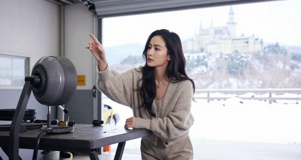 A sophisticated Female From Hong Kong, trained in contemporary dance and visual expression in their 23, analyzing which posts convert best, wearing a cozy knit cardigan and slacks, picking something up in a mechanic garage.