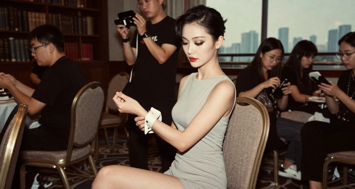 A sophisticated Female From Macau, learned performance makeup from casino backstage crews in their 21, wearing a party dress with smudged eyeliner, wearing a cotton jersey romper that fits tightly, fixing a cufflink in a banquet hall.