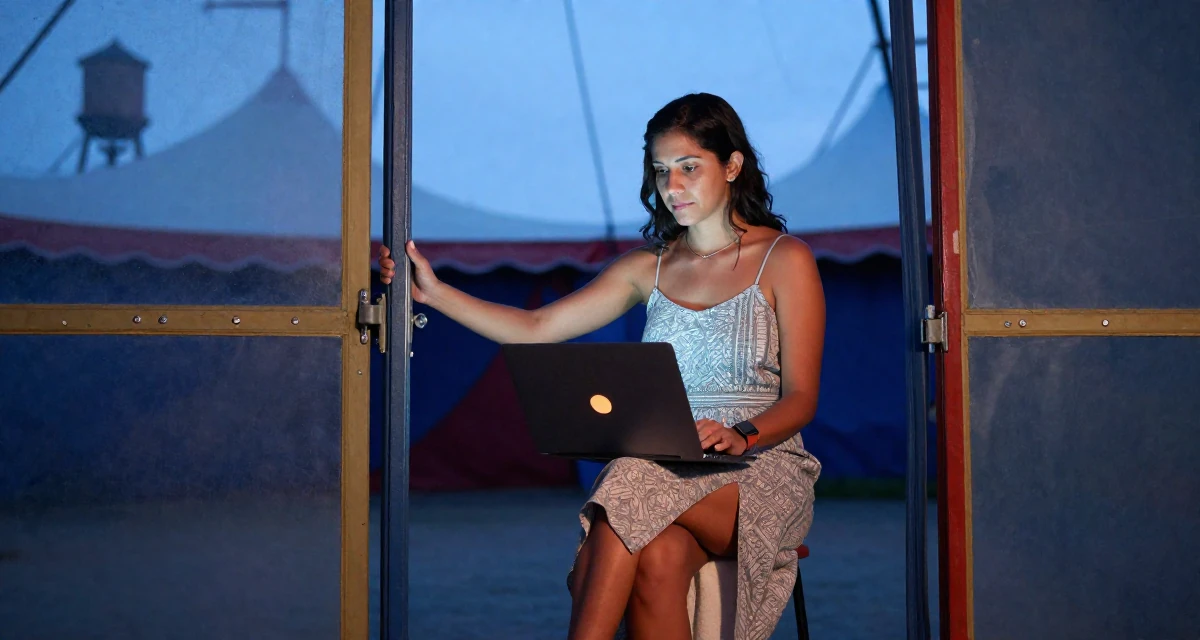 A calmly observant Female From Brazil, studied architecture and urban planning in their 45, helping kids apply for college and empty nesting, wearing a spaghetti strap summer dress with a high slit, pulling a door open in a circus tent interior.