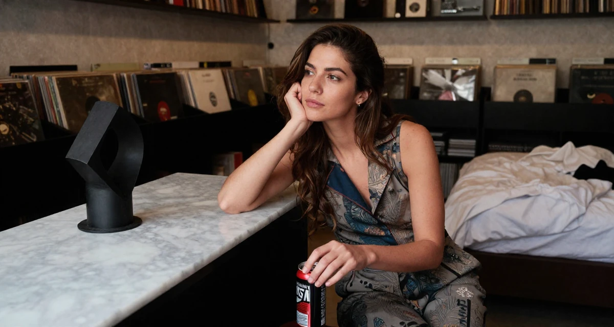 A relaxed and observant Female From Spain, based in Barcelona, graduated from a fashion institute majoring in body styling in their 42, restarting career after burnout, wearing a chic jumpsuit styling, opening a soda can in a vintage record store.
