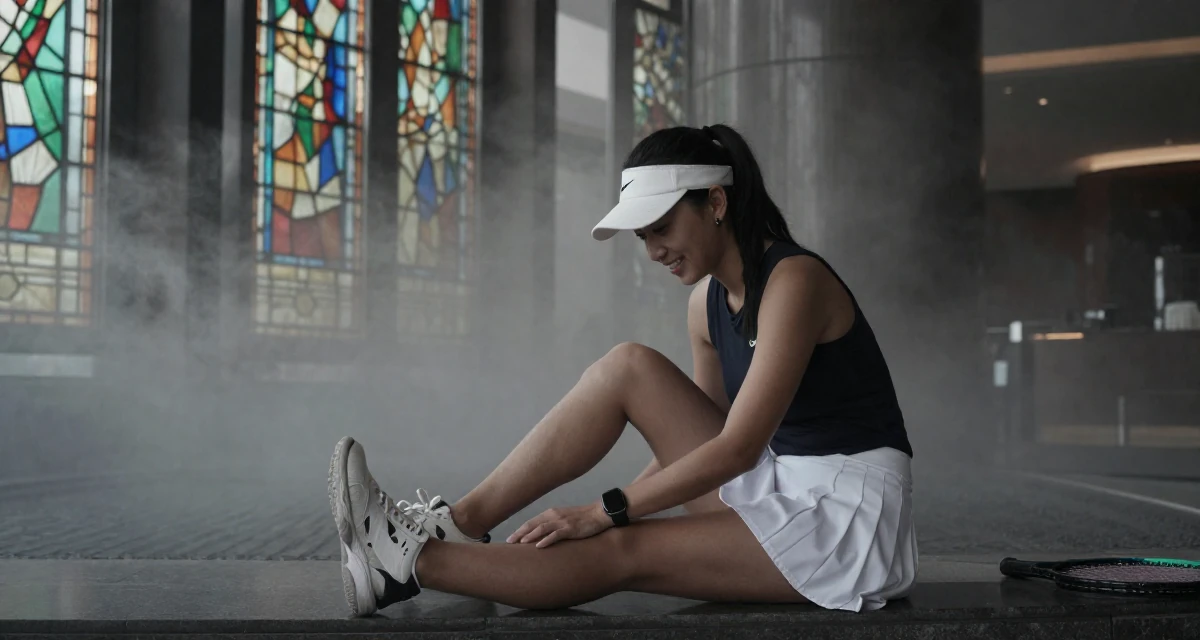 A amused Female From Indonesia, based in Bali, graduated from an arts institute majoring in expressive digital portraits in their 23, discovering how subtle teasing builds real engagement, wearing a tennis player outfit with a visor and white skirt, looking down at shoes in a modern skyscraper lobby.